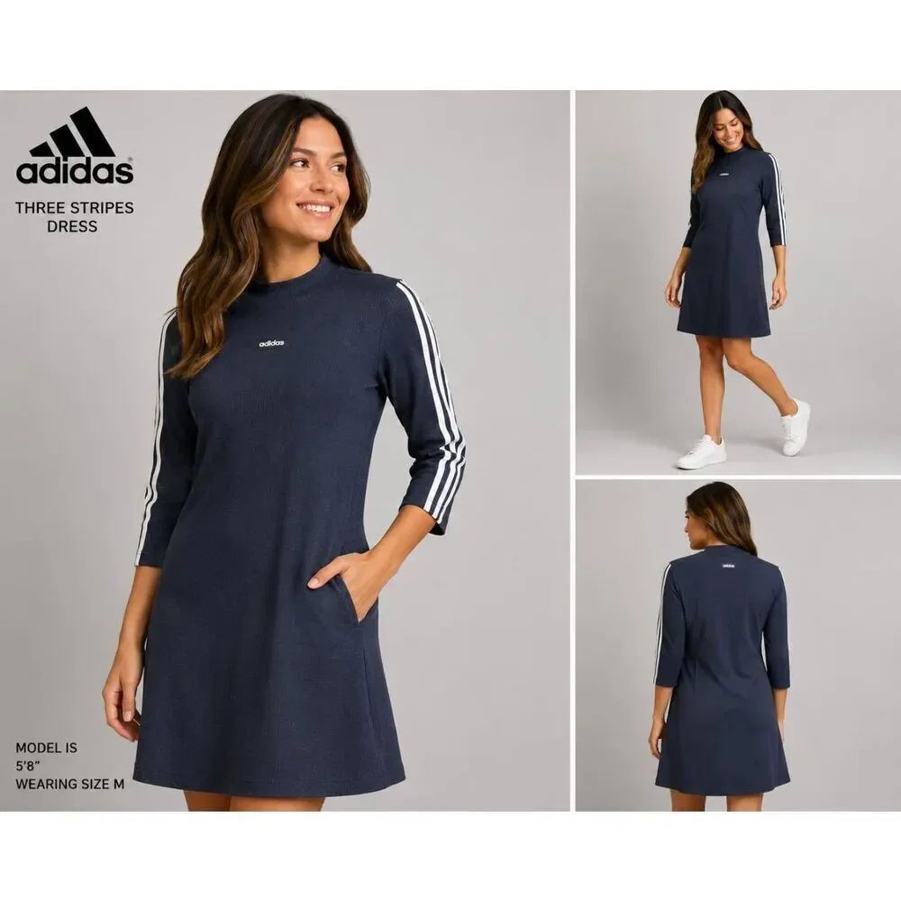 Adidas Black 3 Stripe Dress Womens Medium Mock Neck 3/4 Sleeve NWT Casual